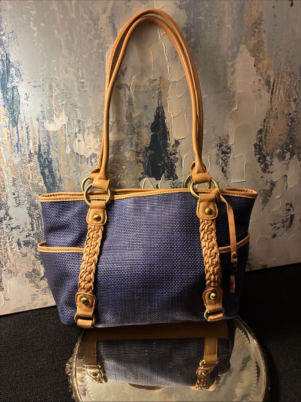 EUC!!! Close to NEW ! Giani Bernini Blue Woven Tote Bag with Tan Leather Trim